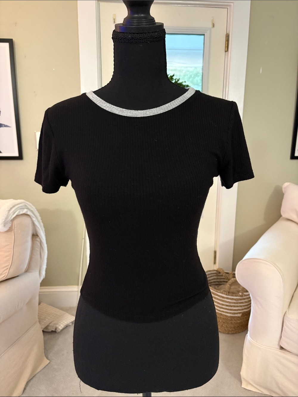 Bozzolo Black Ribbed Short Sleeve Top with Silver Neck Trim